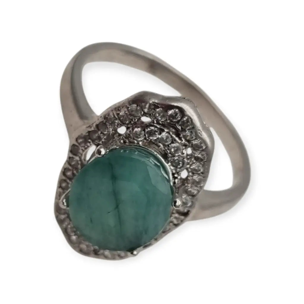 Anillo vintage de plata 925 con piedra verde oval y orla circonitas años