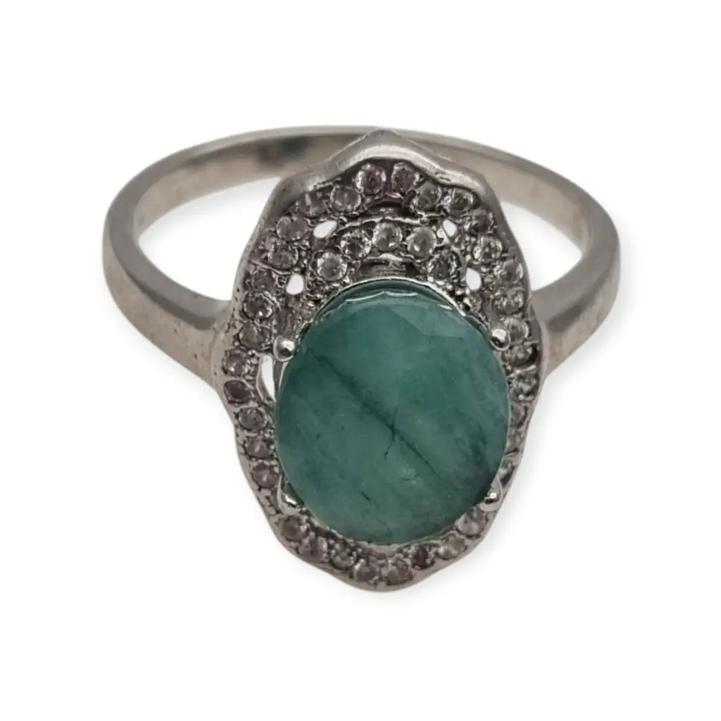 Anillo vintage de plata 925 con piedra verde oval y orla circonitas años