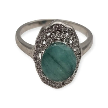 Anillo vintage de plata 925 con piedra verde oval y orla circonitas años