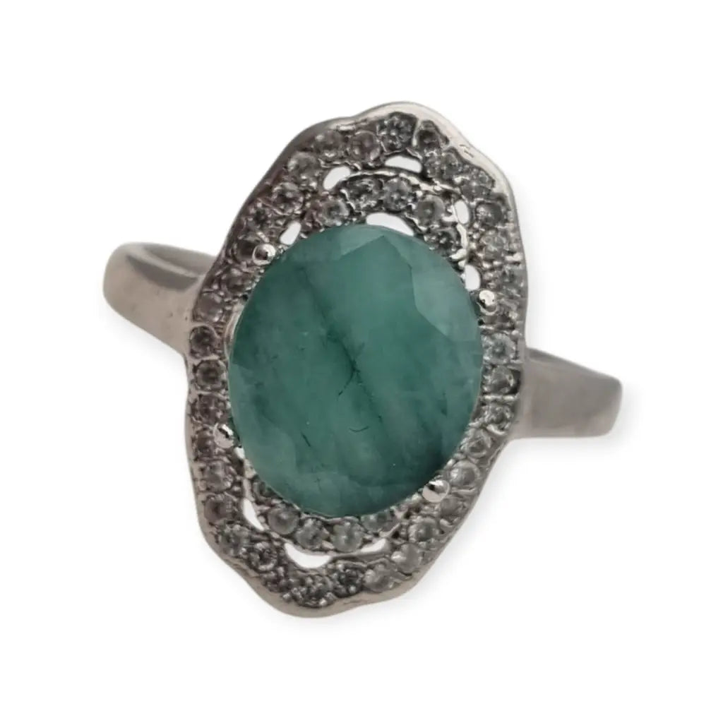 Anillo vintage de plata 925 con piedra verde oval y orla circonitas años