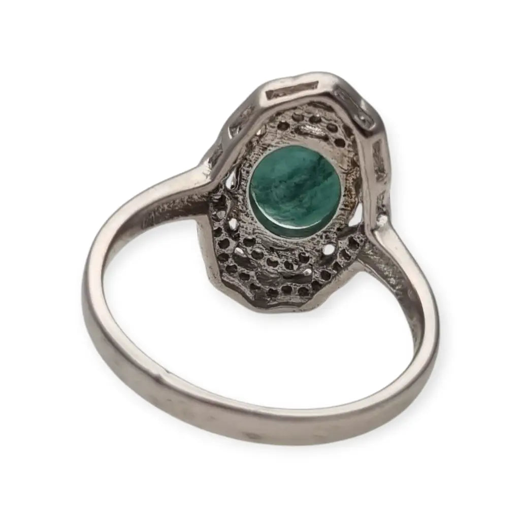 Anillo vintage de plata 925 con piedra verde oval y orla circonitas años