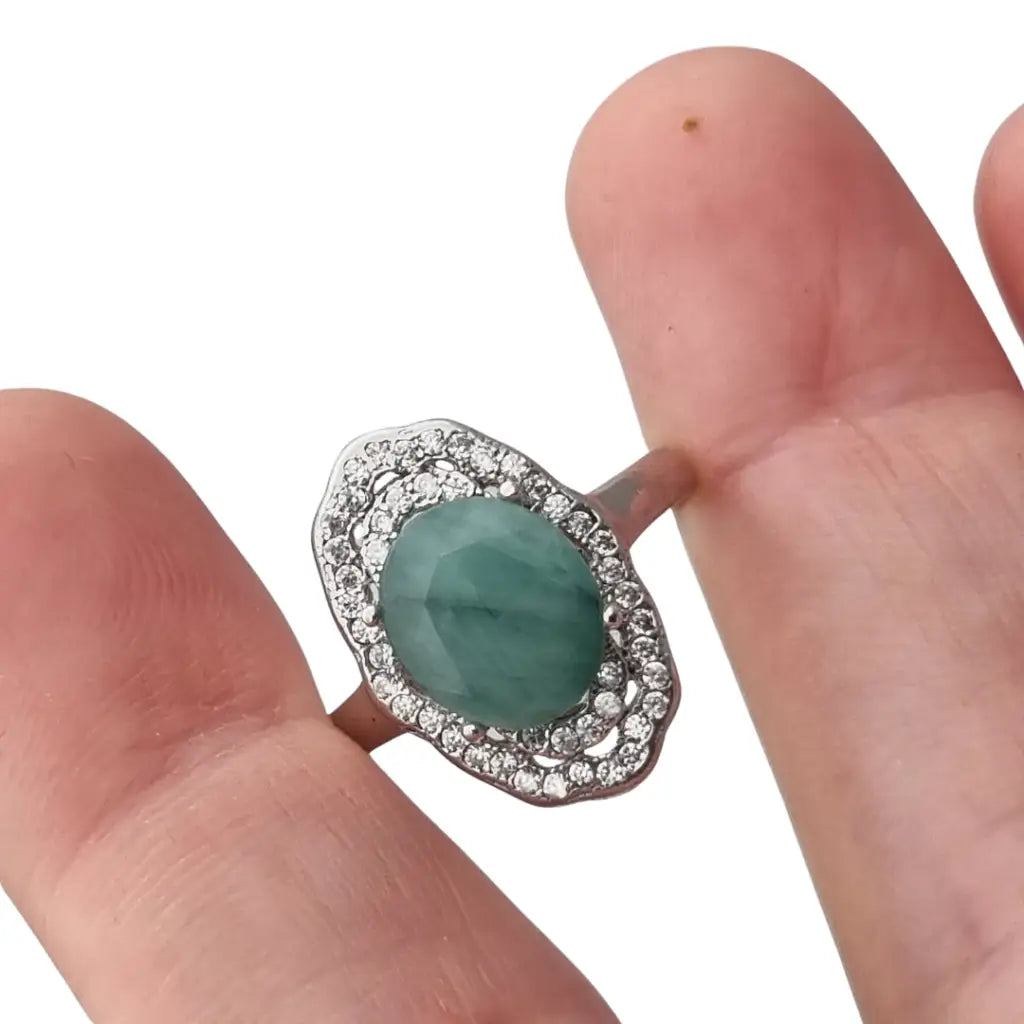 Anillo vintage de plata 925 con piedra verde oval y orla circonitas años