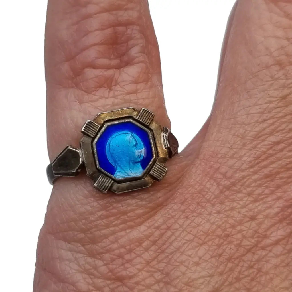 Anillo virgen esmalte azul y plata para mujer de ley anillo religioso art