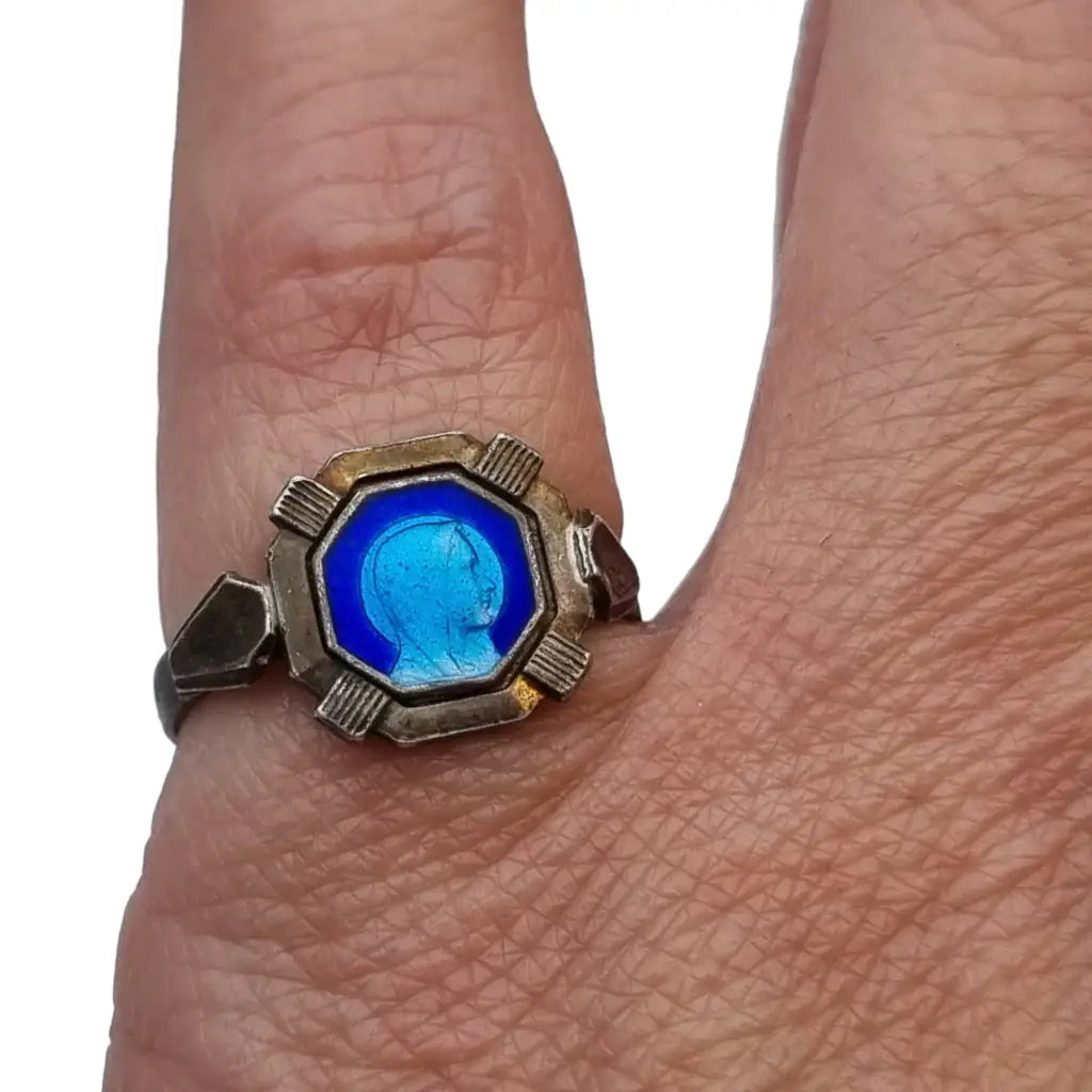 Anillo virgen esmalte azul y plata para mujer de ley anillo religioso art