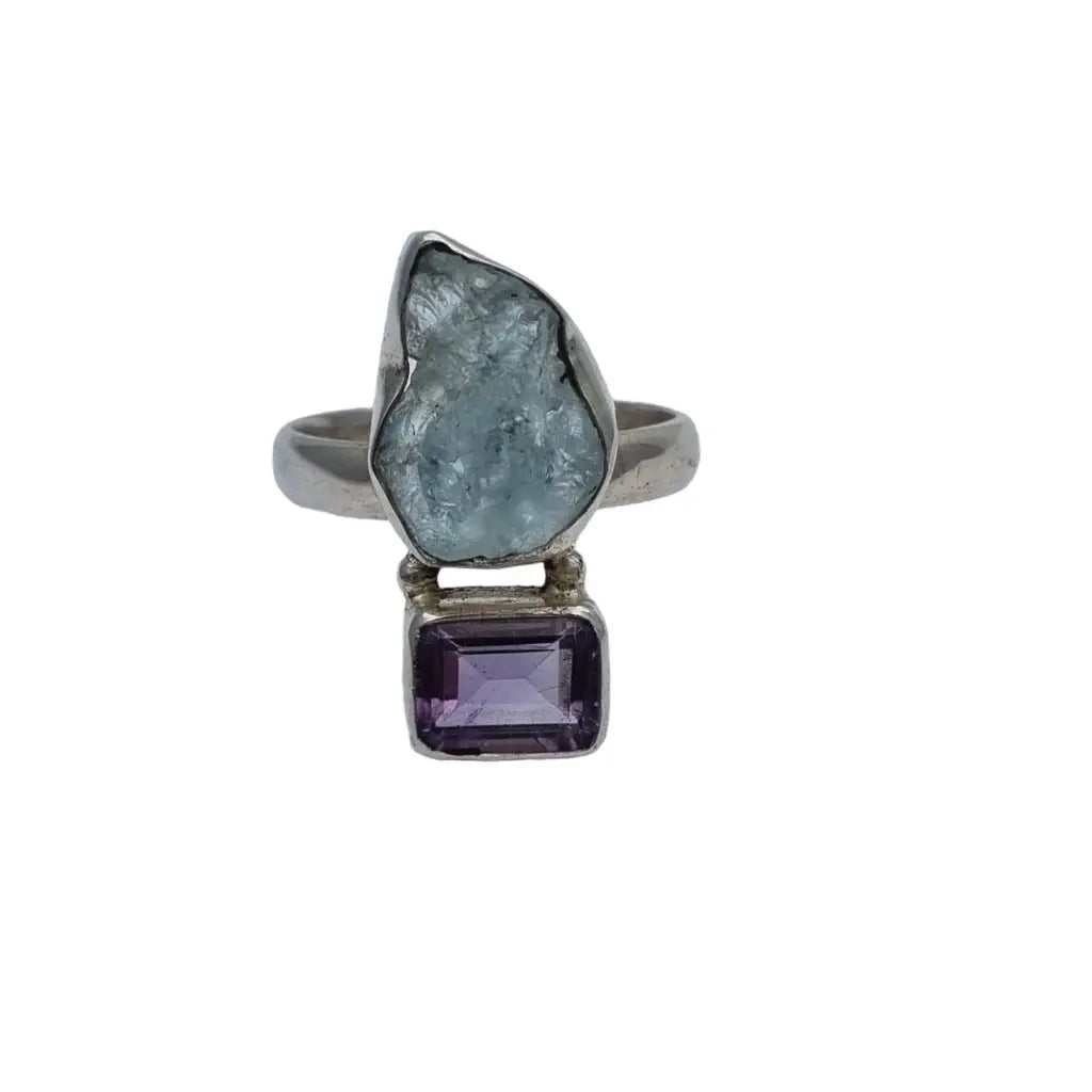 Anillo boho de plata con amatista y aguamarina para mujer piedra morada azul