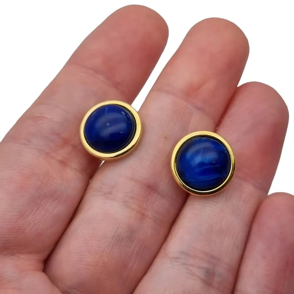 Pendientes de botón azul y oro laminado novedades los 80 NOS semental