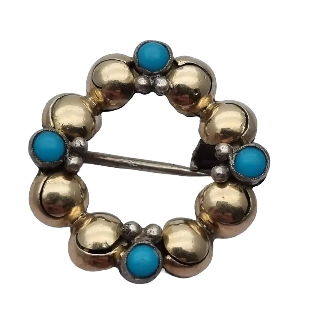 Broche redondo en bolas de plata oro y azul turquesa para bufanda Circa 1950