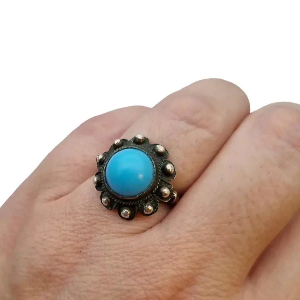 Anillo boho de plata ley y piedra azul estilo charro joyería verano