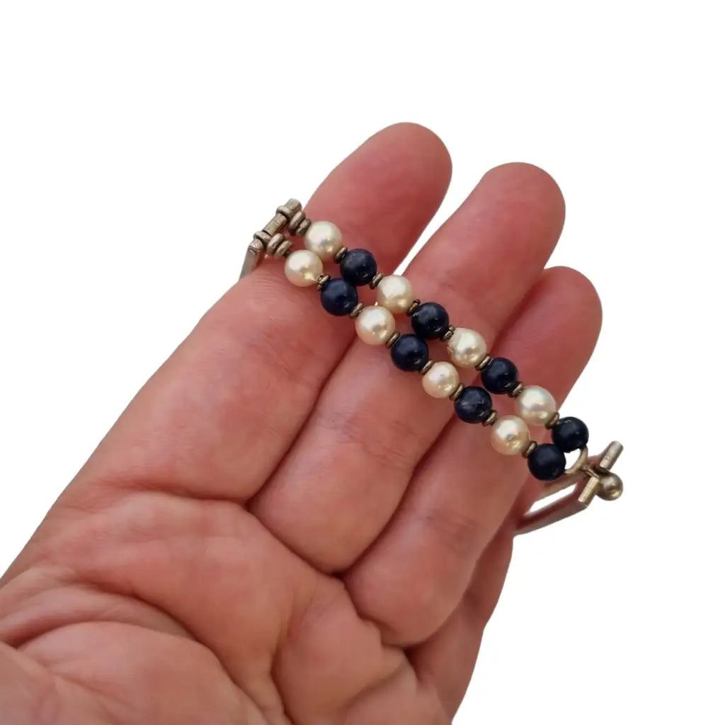 Brazalete raro de plata perlas bolas azules