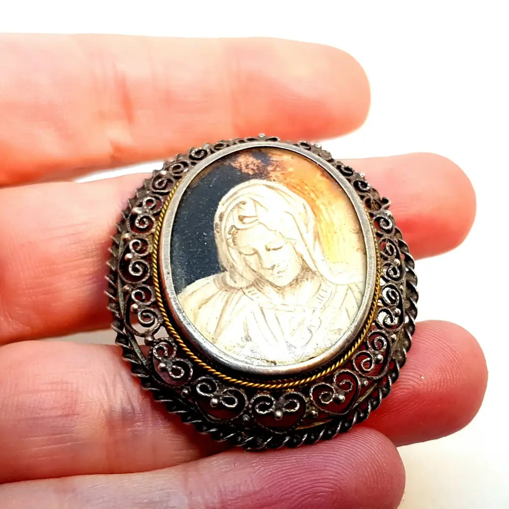 Broche alfiler virgen maria plata pintada a mano regalos religiosos para mujer