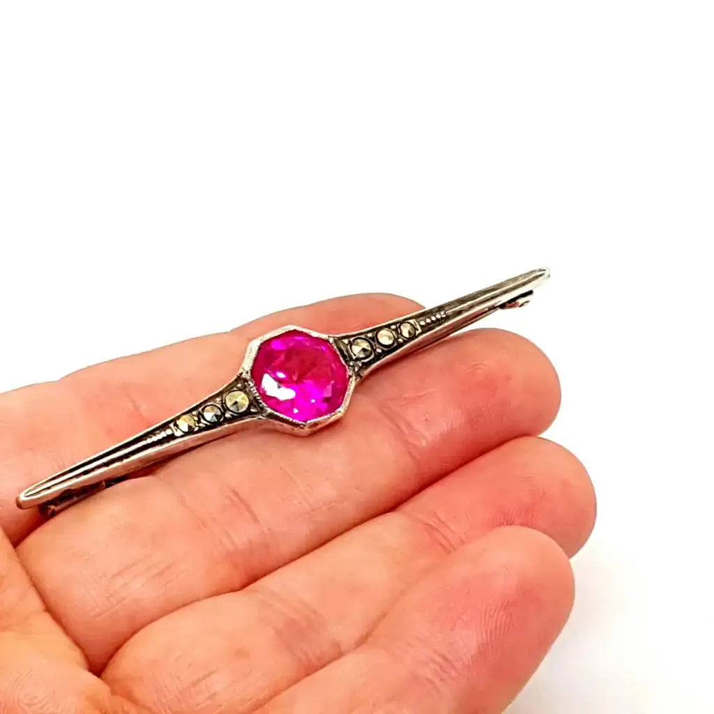 Broche antiguo Art Deco de plata símil rubí rosa regalos para mujer Circa