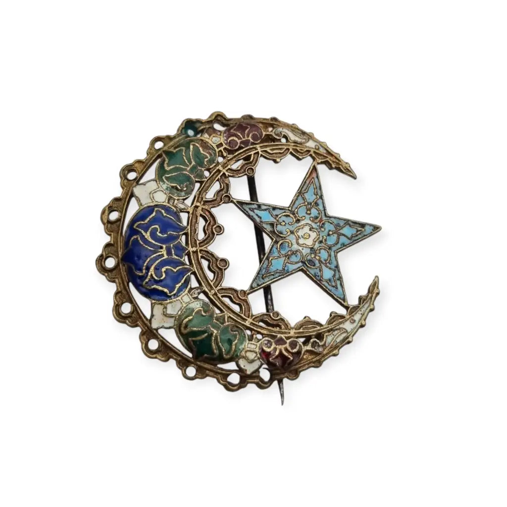 Broche antiguo de esmalte cloisonné en forma luna y estrella joya oriental.