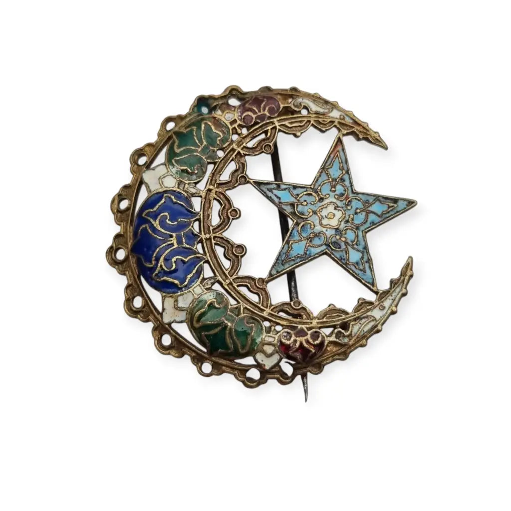 Broche antiguo de esmalte cloisonné en forma luna y estrella joya oriental.