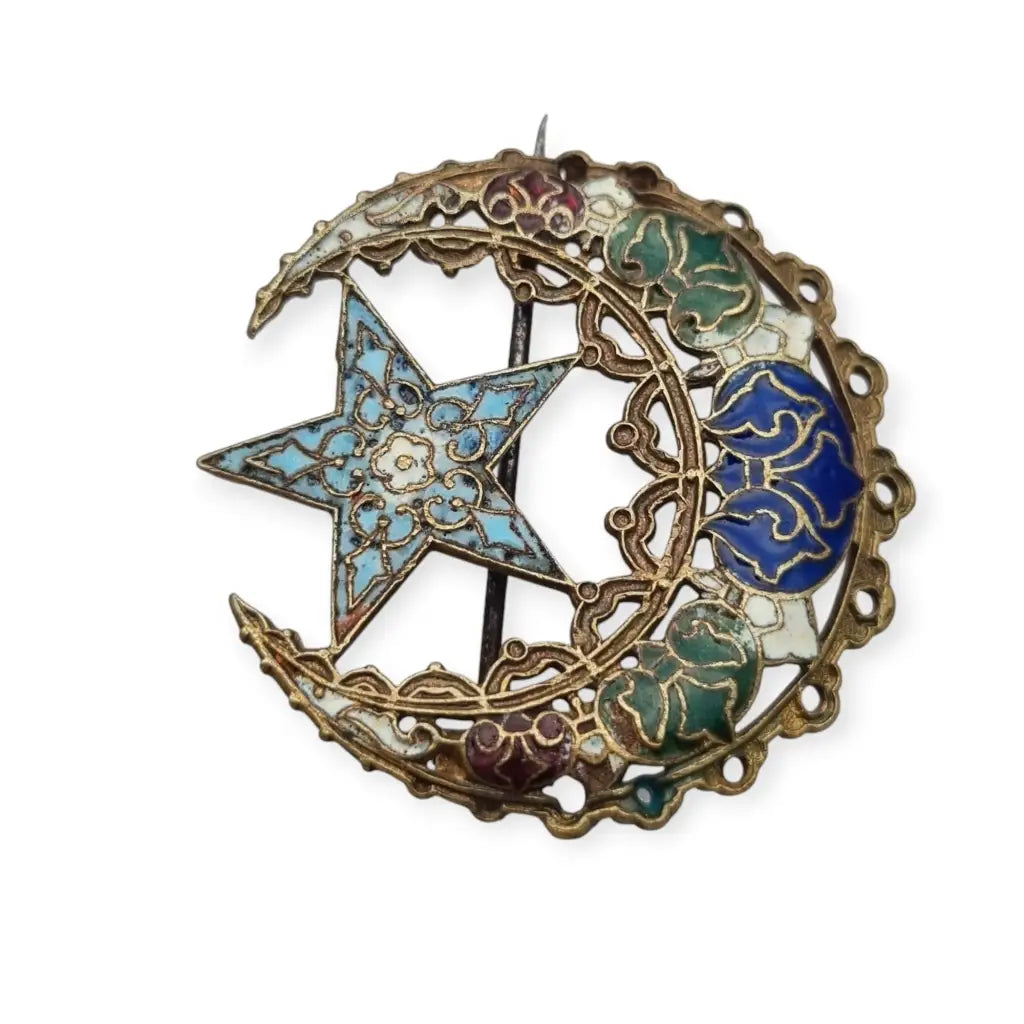 Broche antiguo de esmalte cloisonné en forma luna y estrella joya oriental.