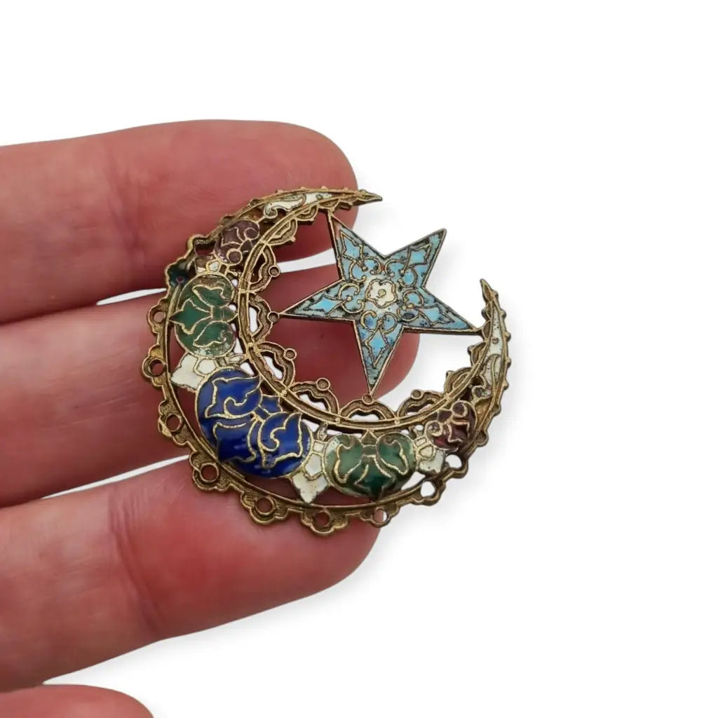 Broche antiguo de esmalte cloisonné en forma luna y estrella joya oriental.