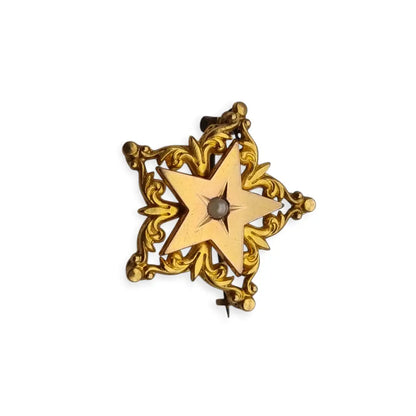 Broche antiguo de estrella victoriano oro FIX con perla coleccionable 1900.