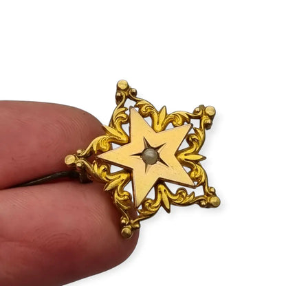 Broche antiguo de estrella victoriano oro FIX con perla coleccionable 1900.