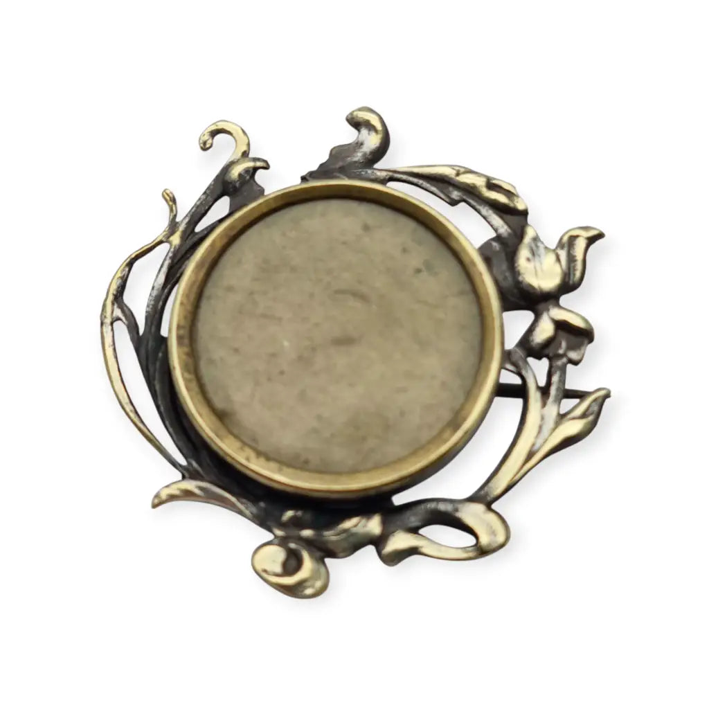Broche antiguo tipo guardapelo Art Nouveau floral en latón dorado porta fotos