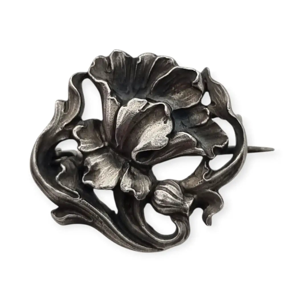 Broche Art Nouveau alemán en plata 900 GES GESCHÜTZT flor de iris relieve