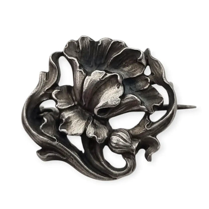 Broche Art Nouveau alemán en plata 900 GES GESCHÜTZT flor de iris relieve