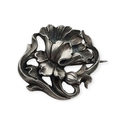 Broche Art Nouveau alemán en plata 900 GES GESCHÜTZT flor de iris relieve