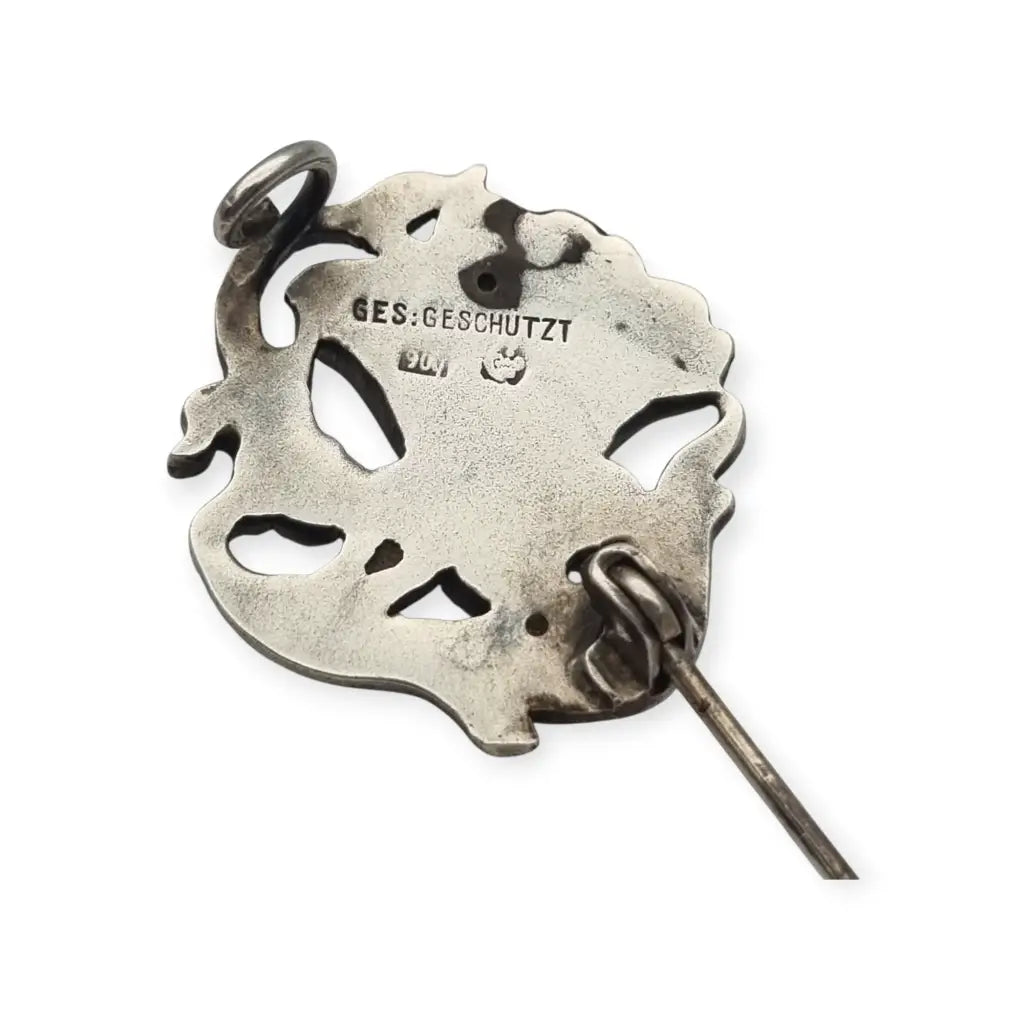 Broche Art Nouveau alemán en plata 900 GES GESCHÜTZT flor de iris relieve