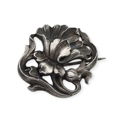 Broche Art Nouveau alemán en plata 900 GES GESCHÜTZT flor de iris relieve