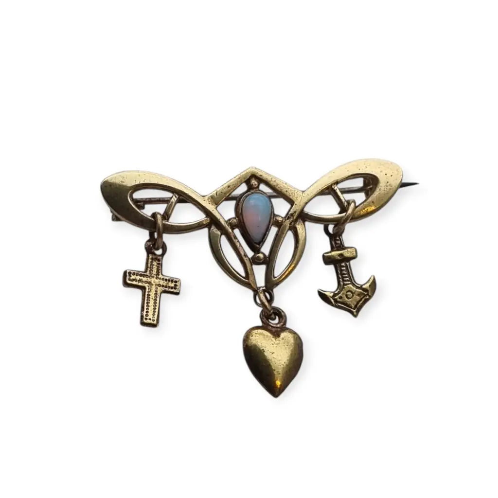 Broche Art Nouveau Cruz Ancla y Corazón para Fe Esperanza Amor con Ópalo