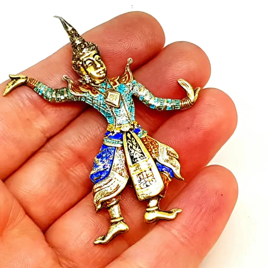 Broche bailarina de plata con esmaltes. Circa 1970. Joyas antiguas y vintage.