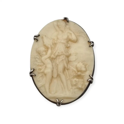 Broche Camafeo antiguo de celuloide tallado con escena alegórica y montura