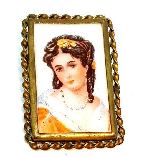 Broche camafeo de porcelana Limoges francesa vintage años 40 adornos dorados