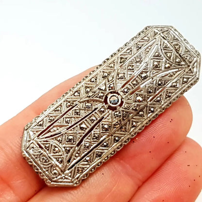 Broche de Plata Art Deco Pin piedra marcasita joyería elegante y delicada