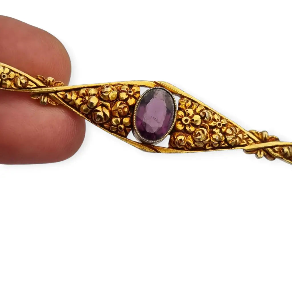 Broche floral Art Nouveau dorado con piedra púrpura 1920-30. - LaBizarreSusu