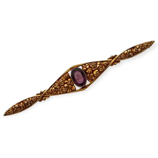 Broche floral Art Nouveau dorado con piedra púrpura 1920-30. - LaBizarreSusu