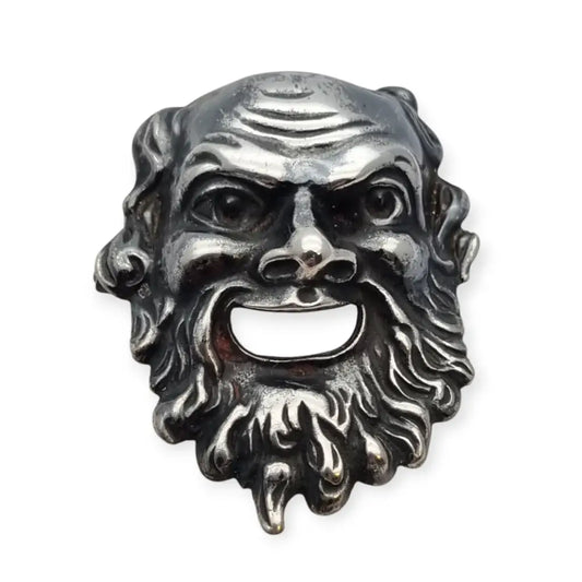 Broche máscara de Dioniso en plata 835 estilo clásico griego rostro teatral