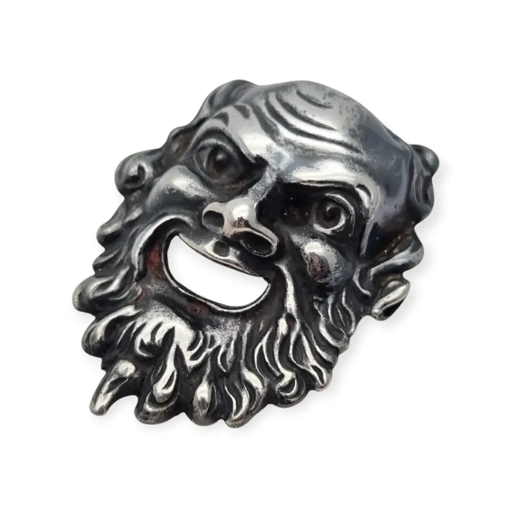 Broche máscara de Dioniso en plata 835 estilo clásico griego rostro teatral