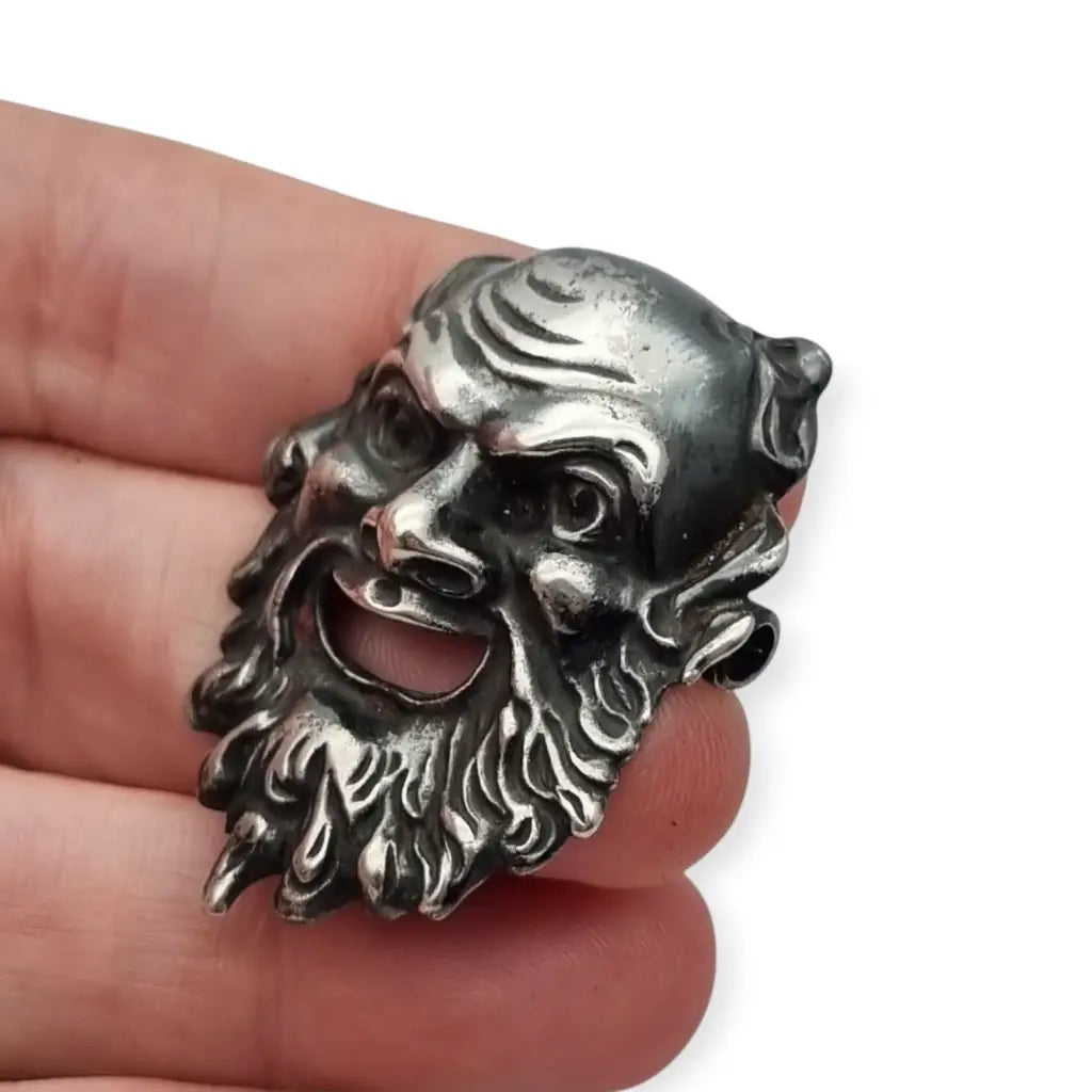 Broche máscara de Dioniso en plata 835 estilo clásico griego rostro teatral