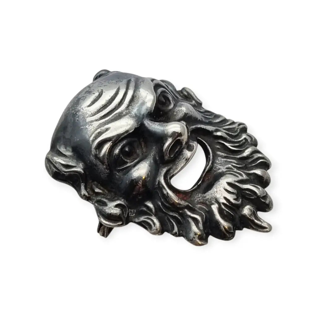 Broche máscara de Dioniso en plata 835 estilo clásico griego rostro teatral