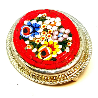 Broche de micromosaico vintage pin rojo joyería flores Circa