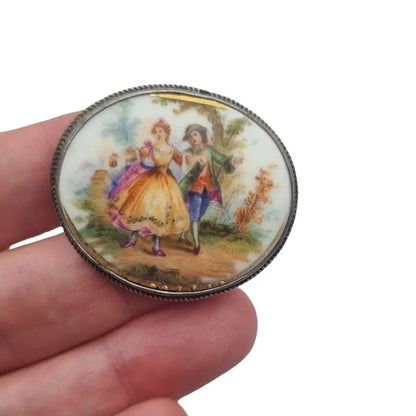 Broche de plata antiguo joyería pintura porcelana broche francés