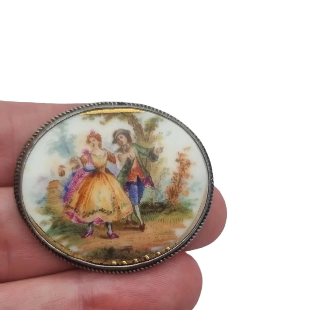 Broche de plata antiguo joyería pintura porcelana broche francés