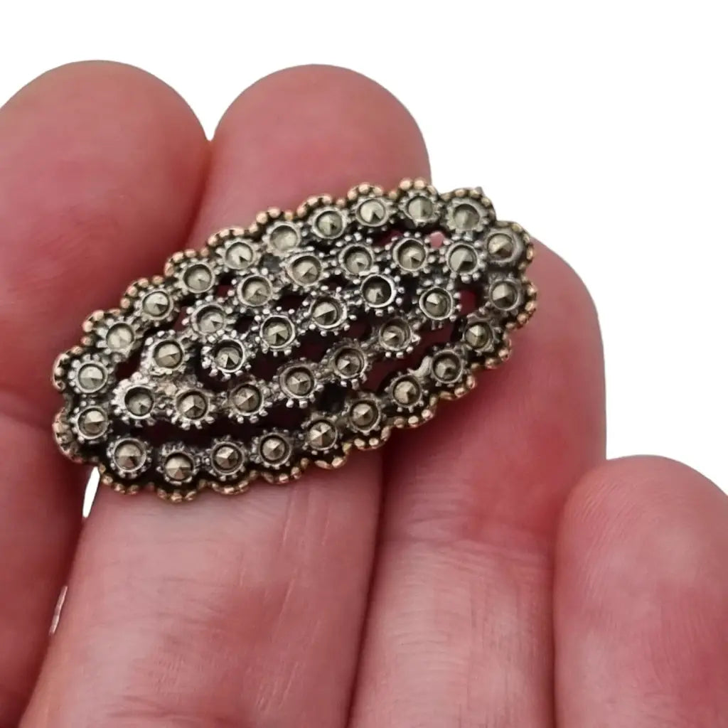 Broche de plata art deco alfiler Vintage granate con marcasitas. Regalo
