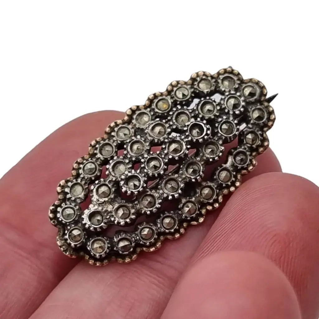 Broche de plata art deco alfiler Vintage granate con marcasitas. Regalo