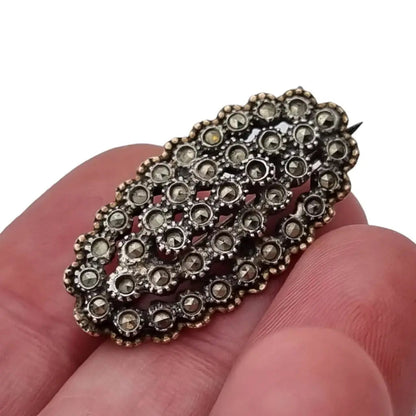Broche de plata art deco alfiler Vintage granate con marcasitas. Regalo