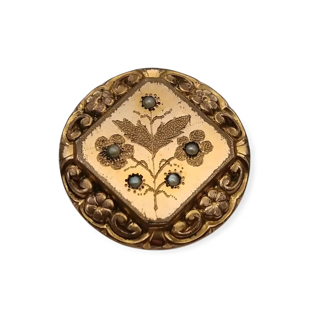 Broche victoriano antiguo doradocon grabado floral y perlas de semilla circa