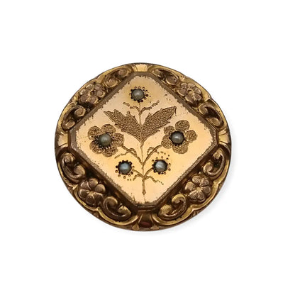Broche victoriano antiguo doradocon grabado floral y perlas de semilla circa