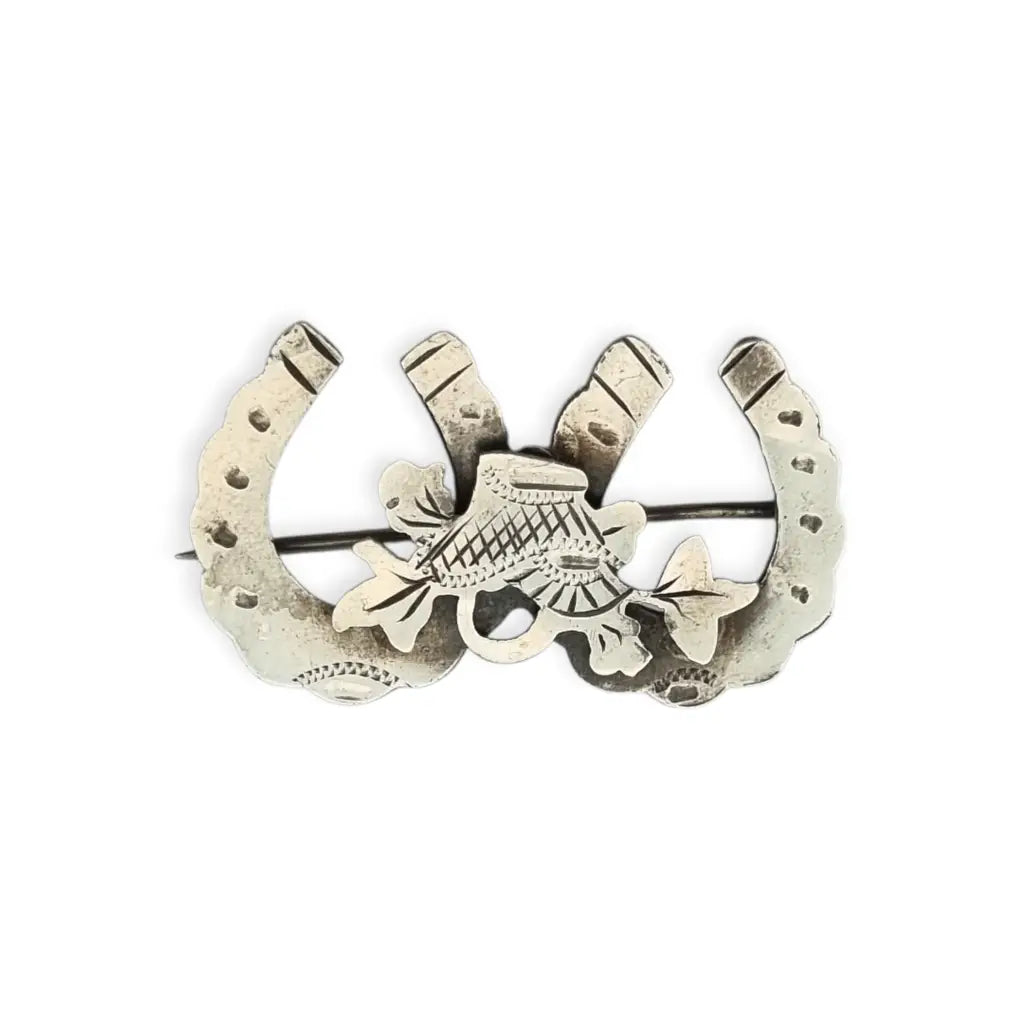 Broche victoriano antiguo de plata con herraduras y cesta floral Birmingham