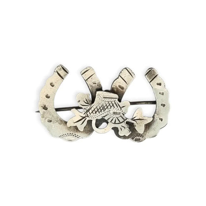 Broche victoriano antiguo de plata con herraduras y cesta floral Birmingham
