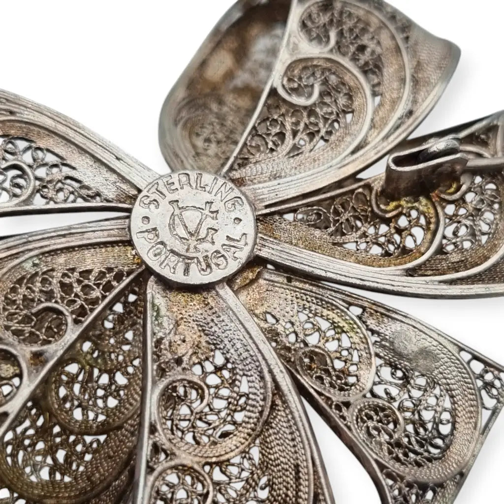 Broche vintage en forma de lazo filigrana portuguesa plata sterling circa