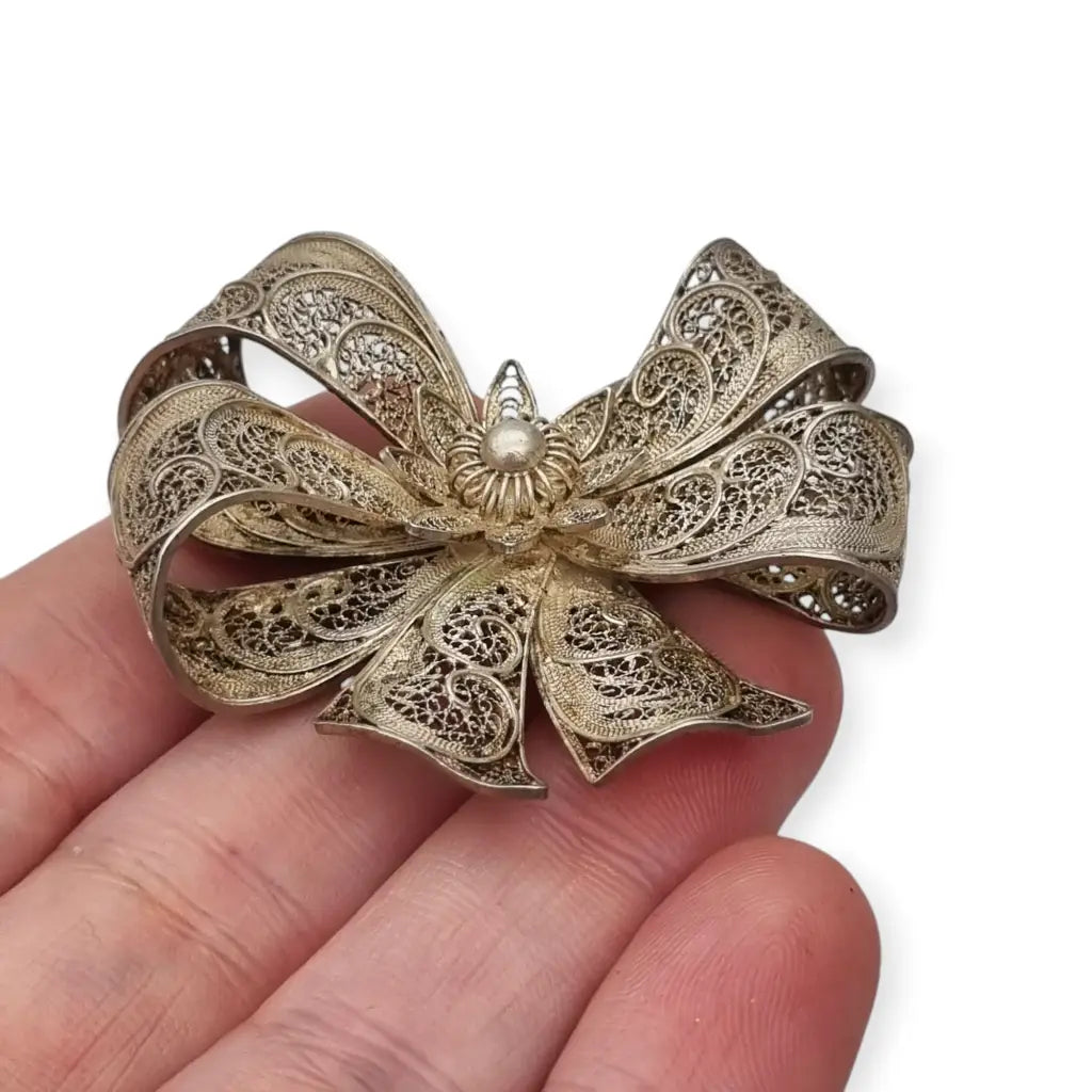 Broche vintage en forma de lazo filigrana portuguesa plata sterling circa